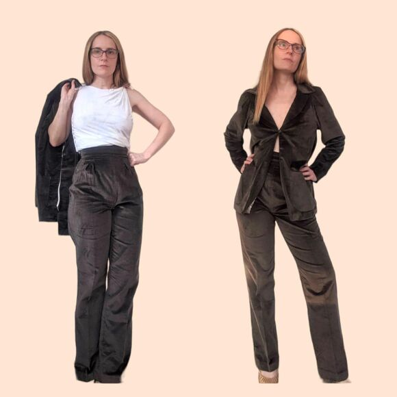 70s Vintage Velvet Jacket Pants Suit Retro Strawberry Plant XS New Old Stock